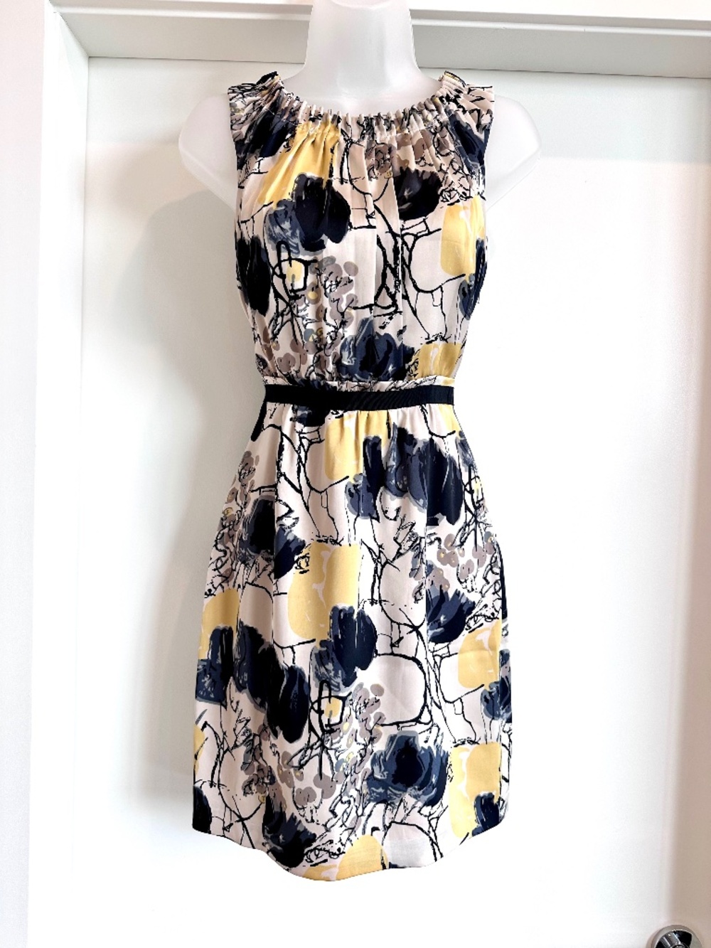 Elegant yellow, cream & grey print dress
